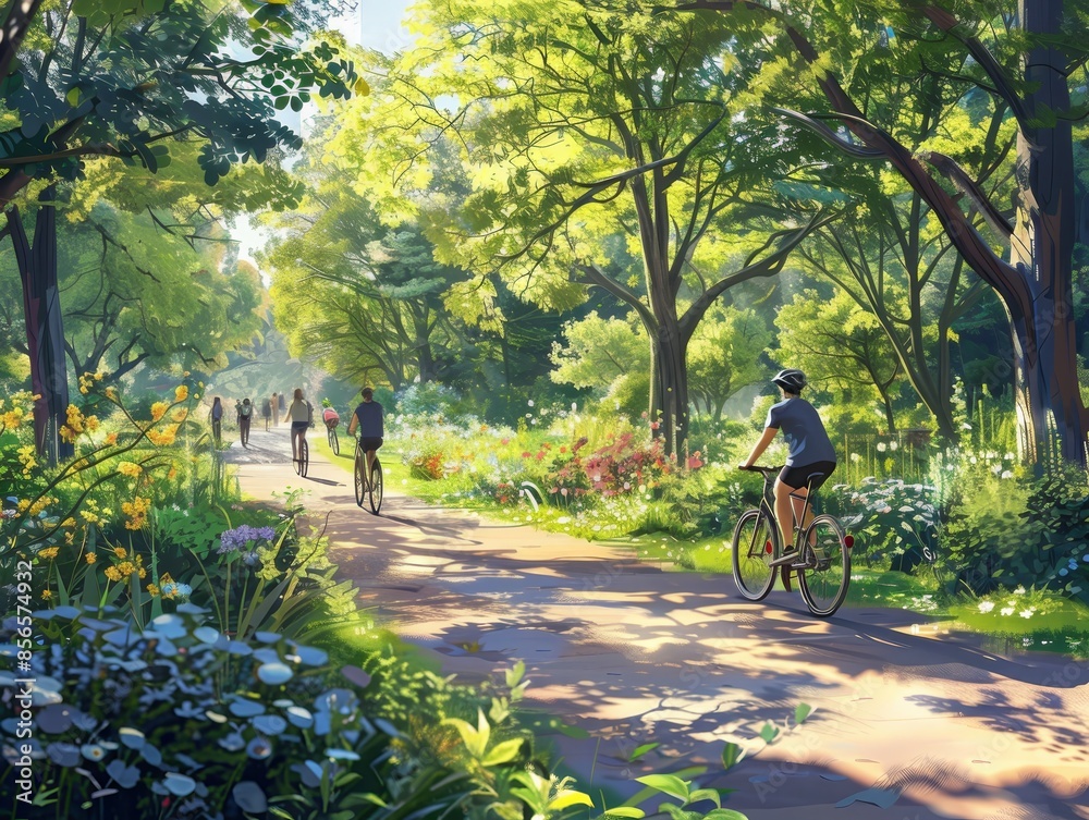 People riding bicycles on a park trail on a sunny day. People riding bicycles on a park trail on a sunny day.