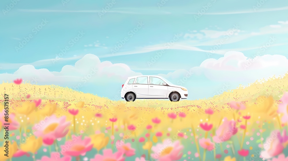 Fototapeta premium Pink and yellow flowers grassland and car illustration poster background
