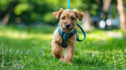 Puppy in harness reluctant to walk in park
