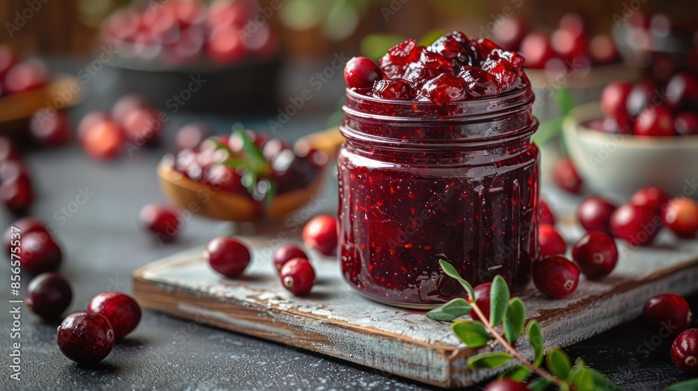 A jar of cranberry jam with a spoon, positioned on a white studio kitchen table. A jar of cranberry jam with a spoon, positioned on a white studio kitchen table.