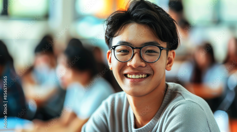 portrait cheerful male student in the classroom to convey the spirit study portrait cheerful male student in the classroom to convey the spirit study
