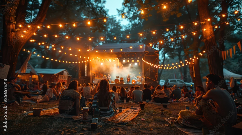 Group of friends sitting on blankets Enjoying a picnic while watching live music at the festival. Group of friends sitting on blankets Enjoying a picnic while watching live music at the festival.