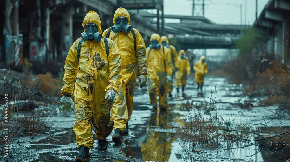 A group of cleaners in hazmat suits, performing a deep clean in a contaminated area. A group of cleaners in hazmat suits, performing a deep clean in a contaminated area.
