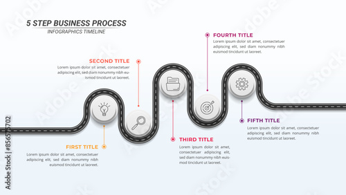 5 Options Road Map Infographic Timeline with Editable Text on a 16:9 Layout for Business Presentations, Management, and Evaluation.