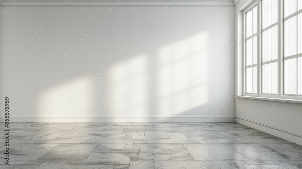 Fototapeta premium Empty room interiors illuminated with natural window lighting and copy space. Residential interior design composition with no furniture.