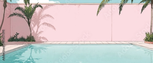 palm shade and pastel pink swimming pool background.