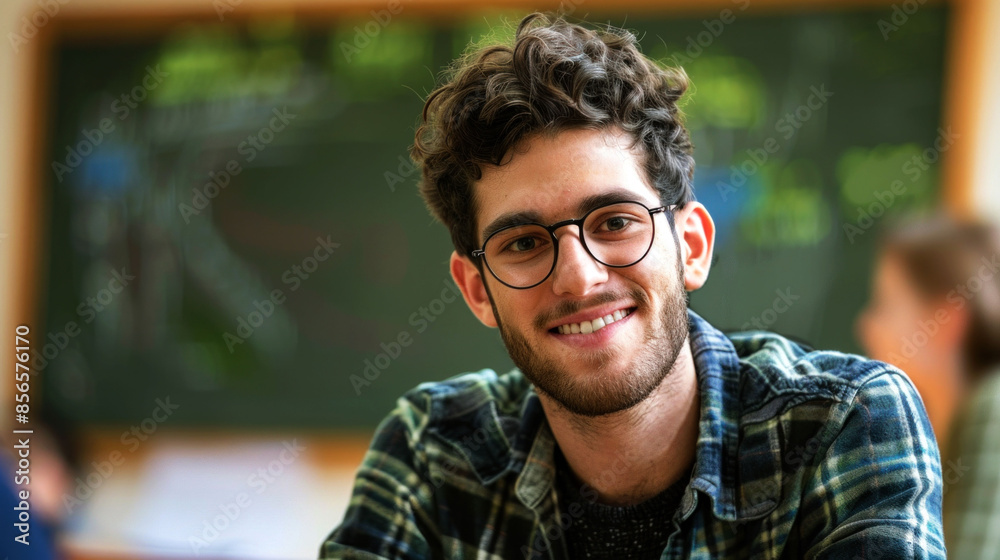 portrait cheerful male student in the classroom to convey the spirit study portrait cheerful male student in the classroom to convey the spirit study
