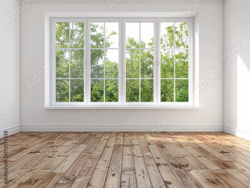 Empty room interiors illuminated with natural window lighting and copy space. Residential interior design composition with no furniture.