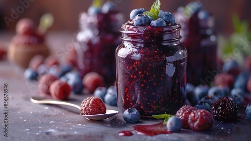 A blueberry jam jar with a silver spoon, beautifully lit on a white studio kitchen table, ideal for commercial advertisements. --ar 16:9 --stylize 750 Job ID: f0e2dd88-2f73-42cf-8dc6-0e064943cd01 photo