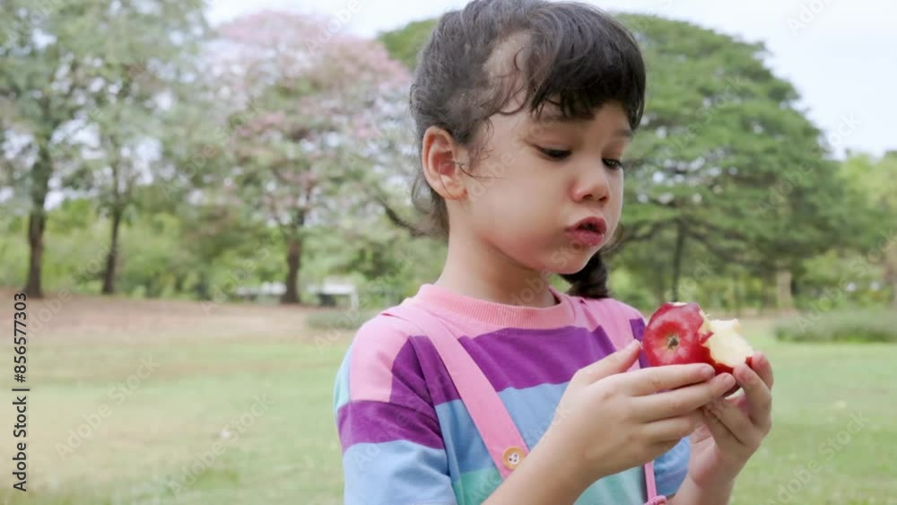 Little cute girl eating red apple at outdoor park in summer, Healthy fruit and child lifestyle. Little cute girl eating red apple at outdoor park in summer, Healthy fruit and child lifestyle.