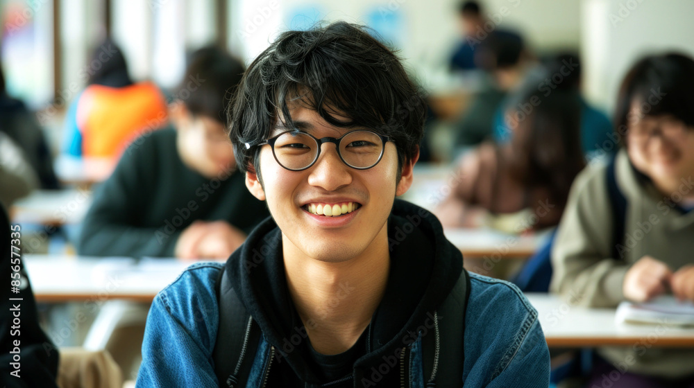 Fototapeta premium portrait cheerful male student in the classroom to convey the spirit study