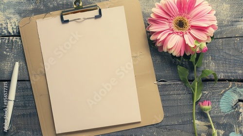 Overhead view of blank paper on clipboard with pen and flower for writing quotes or messages photo