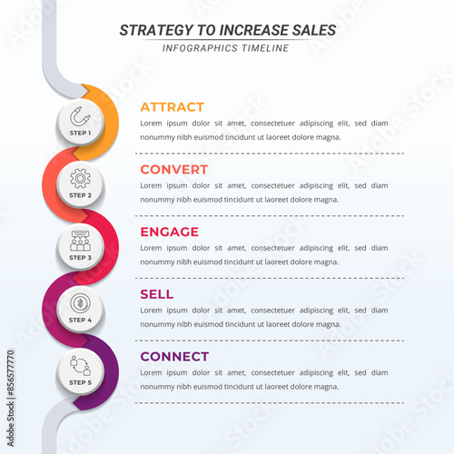 5 Steps How to Increase Sales Infographic with Editable Text on a 1:1 Layout for Business Presentations, Management, and Evaluation.
