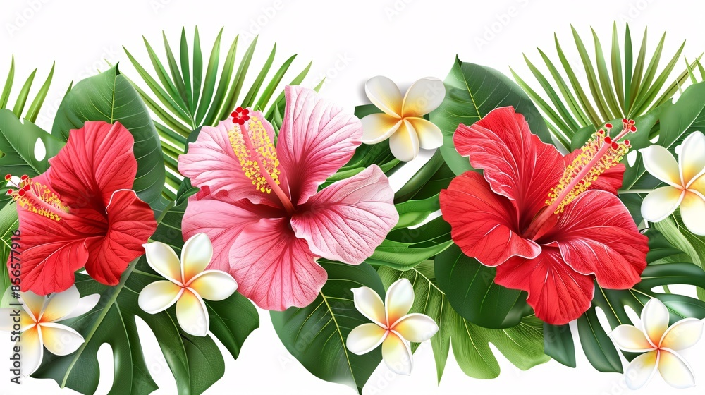 Artistic vector image of a floral composition with striking hibiscus and elegant plumeria flowers, surrounded by green foliage, rendered in vivid detail over a white background