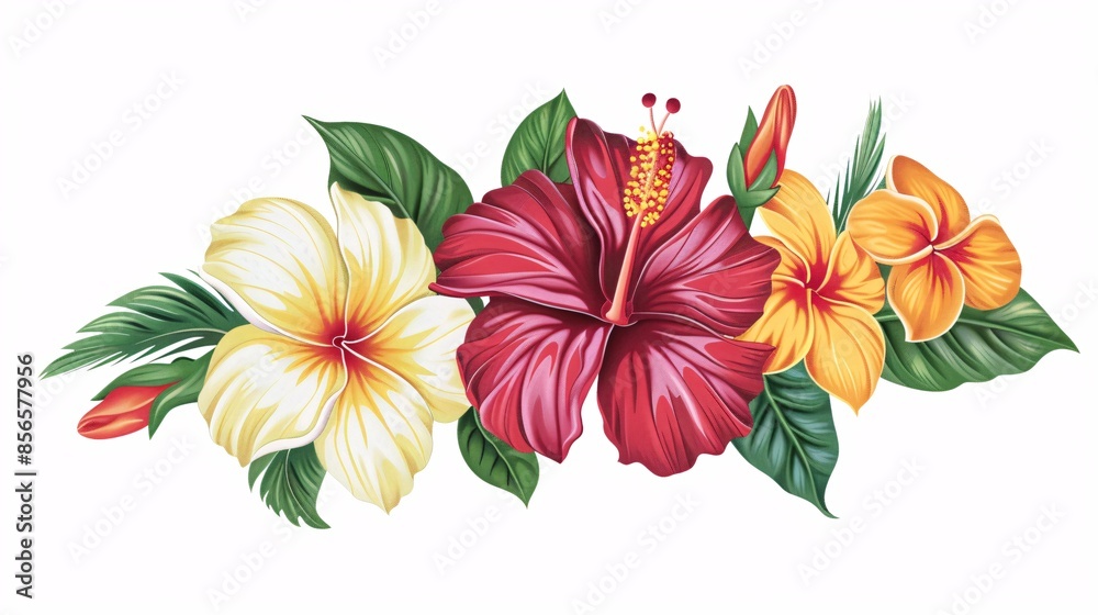 Decorative vector illustration of a cluster of hibiscus and plumeria flowers, displaying rich hues and fine detailing, placed against a plain white backdrop for a fresh and tropical effect Decorative vector illustration of a cluster of hibiscus and plumeria flowers, displaying rich hues and fine detailing, placed against a plain white backdrop for a fresh and tropical effect
