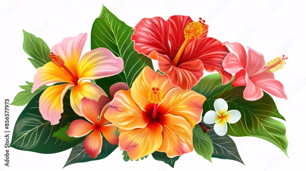 Detailed vector depiction of a beautiful floral arrangement with hibiscus and plumeria, featuring a blend of bright colors and intricate leaf patterns, isolated on a white background Detailed vector depiction of a beautiful floral arrangement with hibiscus and plumeria, featuring a blend of bright colors and intricate leaf patterns, isolated on a white background