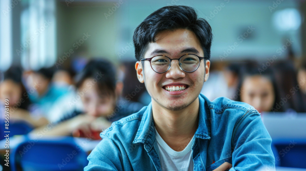 portrait cheerful male student in the classroom to convey the spirit study portrait cheerful male student in the classroom to convey the spirit study