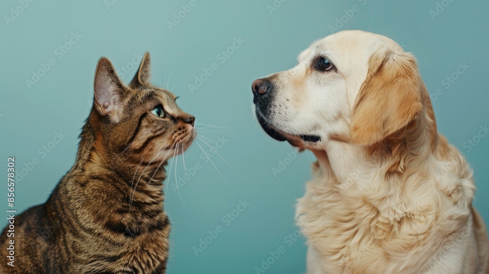 Fototapeta premium Labrador retriever and tabby cat in front of blue background with panting behavior