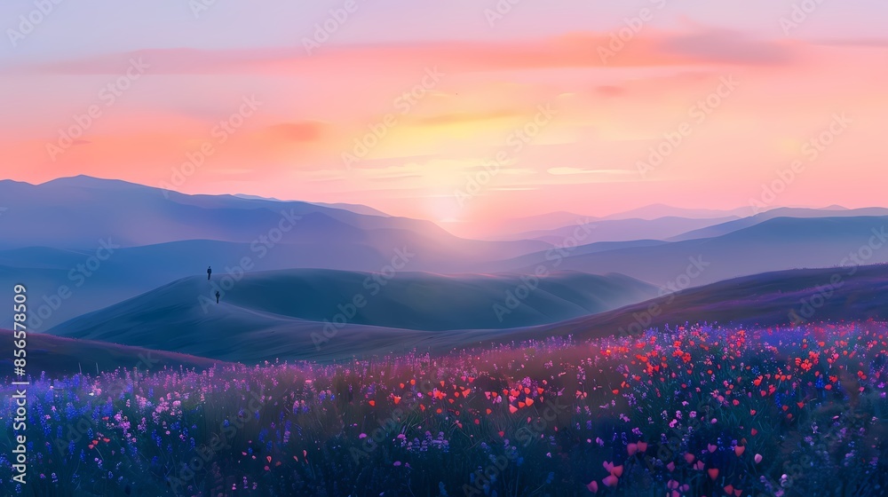 Fototapeta premium Wildflower hills and people illustration poster background