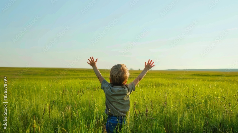 a child raising his hands happily with a background of meadow and clear sky as copy space a child raising his hands happily with a background of meadow and clear sky as copy space