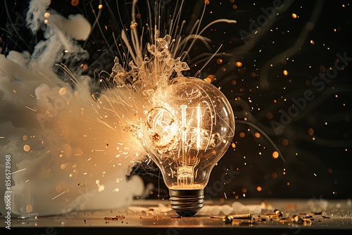 High-speed studio photography capturing the moment a bullet impacts a classic light bulb, detailing the glass explosion photo