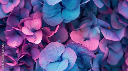 Vibrant close-up of pink and blue hydrangea flowers, showcasing their delicate petals and stunning colors.