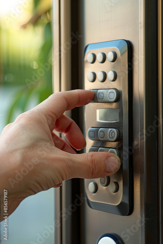 Entering the code on a house alarm system photo