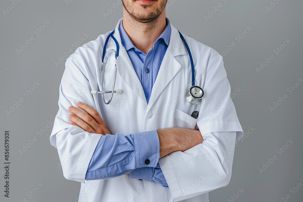 Healthcare, medical staff concept. Portrait of a smiling male doctor with folded arms against a grey studio background Healthcare, medical staff concept. Portrait of a smiling male doctor with folded arms against a grey studio background