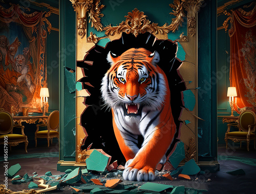 3d picture tiger emerges from the destroyed wall for digital printing wallpaper, custom design wallpaper
