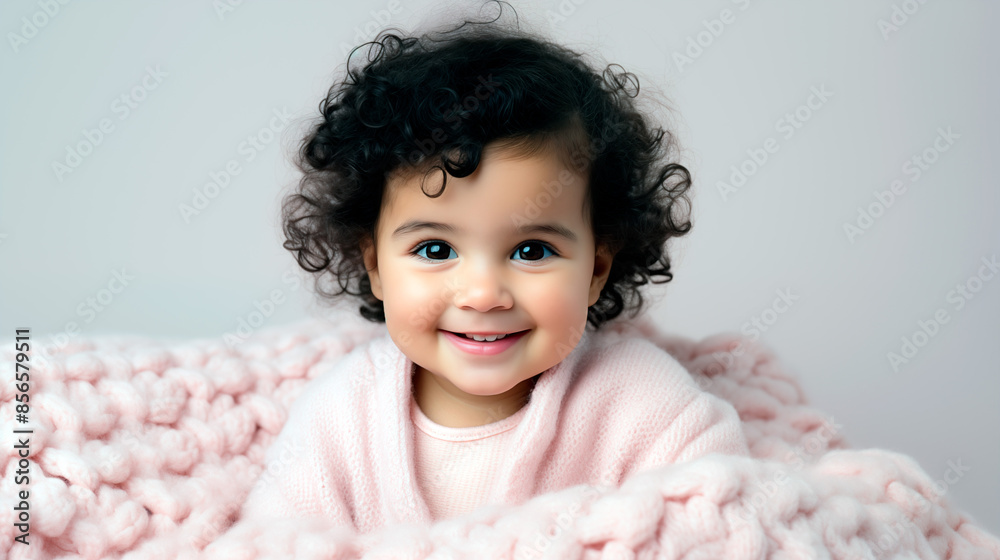 Smiling baby with curly hair, wrapped in a colored blanket, on a white background with a blank space
Smiling baby with curly hair, wrapped in a colored blanket, on a white background with a blank space