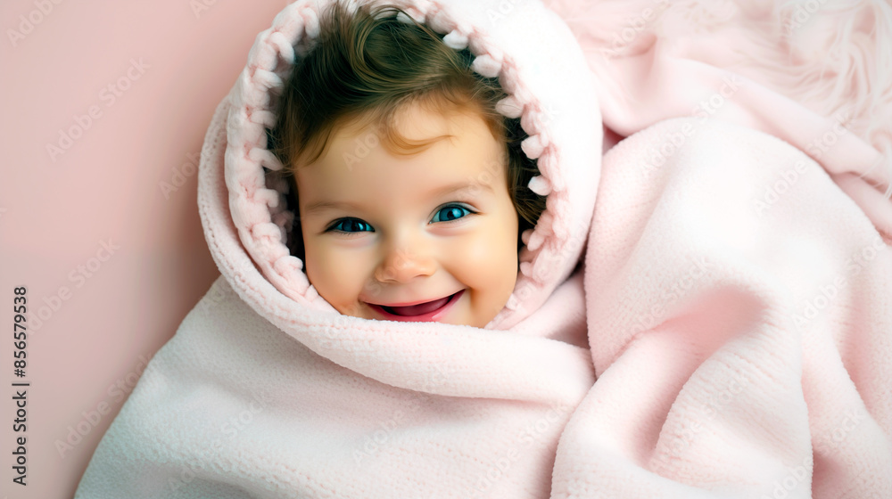 Smiling baby with curly hair, wrapped in a colored blanket, on a white background with a blank space
Smiling baby with curly hair, wrapped in a colored blanket, on a white background with a blank space