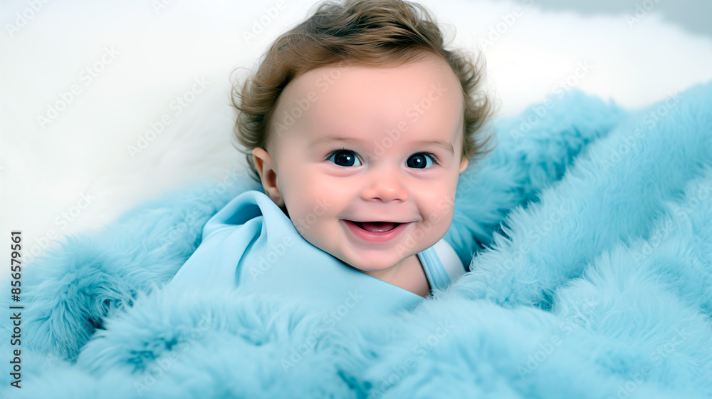Smiling baby with curly hair, wrapped in a colored blanket, on a white background with a blank space
Smiling baby with curly hair, wrapped in a colored blanket, on a white background with a blank space