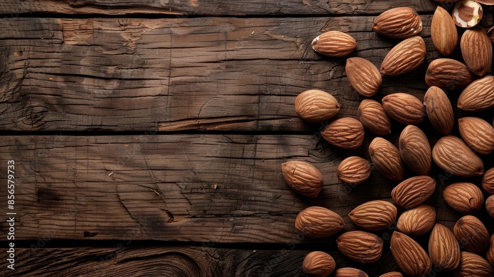 Heap of female almonds on timber surface with blank space Heap of female almonds on timber surface with blank space