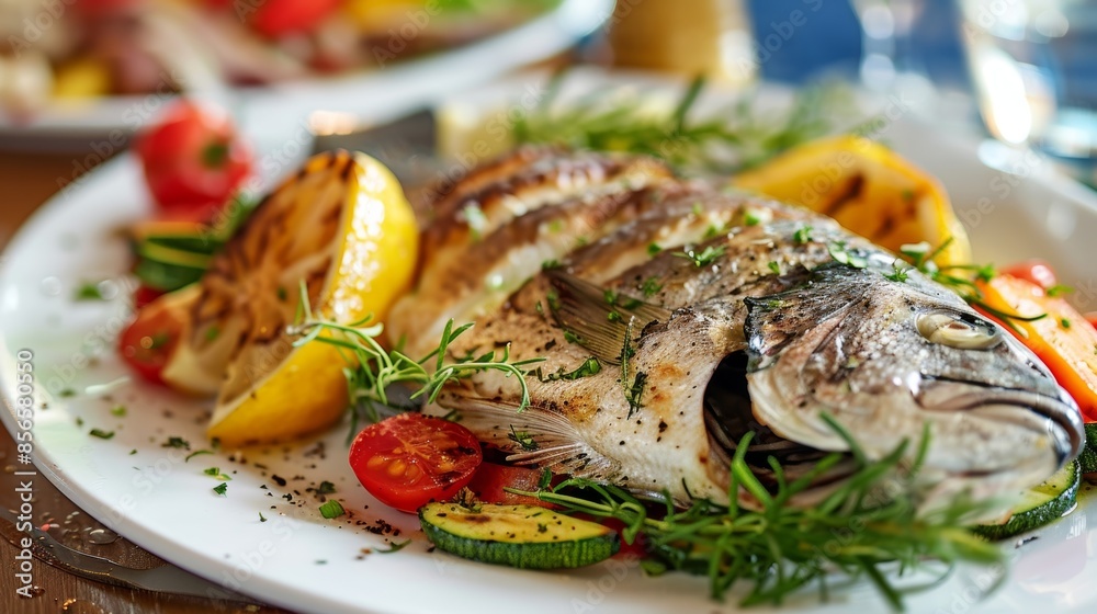 A beautifully arranged plate of fresh grilled fish caught sustainably and served with locally grown vegetables. A beautifully arranged plate of fresh grilled fish caught sustainably and served with locally grown vegetables.