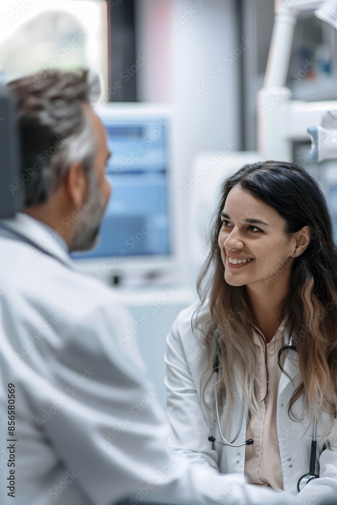 Doctor Consulting with Patient in Bright Modern Clinic with Medical Equipment Doctor Consulting with Patient in Bright Modern Clinic with Medical Equipment