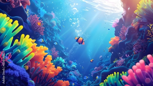 Clinical social worker and scuba diving, 3D flat design, underwater exploration, stunning seascape, lifelike sea creatures, vibrant coral, moderate depth,  detailed aquatic scene photo