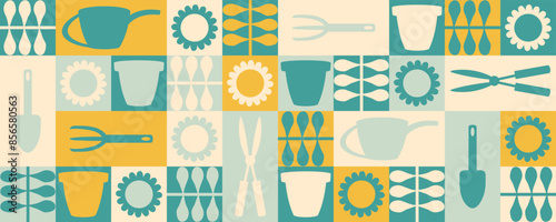 Gardening instruments, water cans and sun flowers geometric horizontal banner. Hand drawn vector summer print.