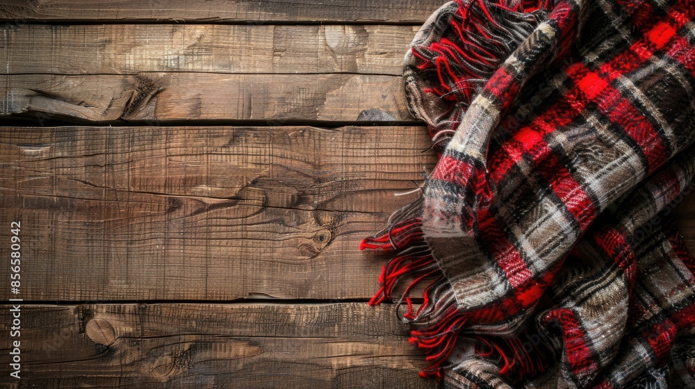 Cozy plaid with unique design on wood backdrop for warmth in winter Blank space Cozy plaid with unique design on wood backdrop for warmth in winter Blank space