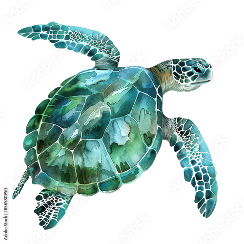 Watercolor illustration of a majestic sea turtle with vibrant blue and green hues, perfect for nature and wildlife themes.