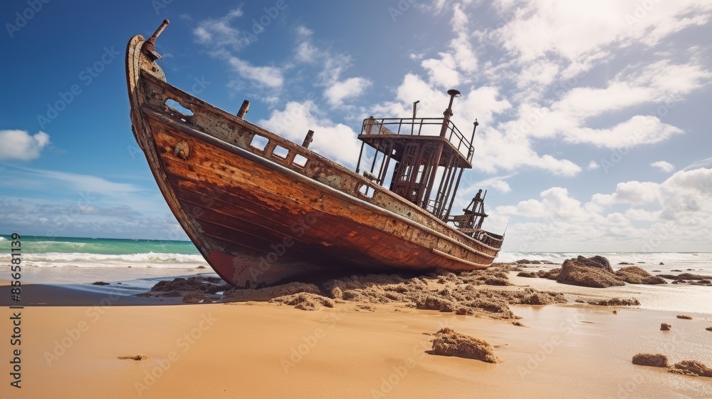 Shipwreck with rusted hull on sandy shore. Shipwreck with rusted hull on sandy shore.