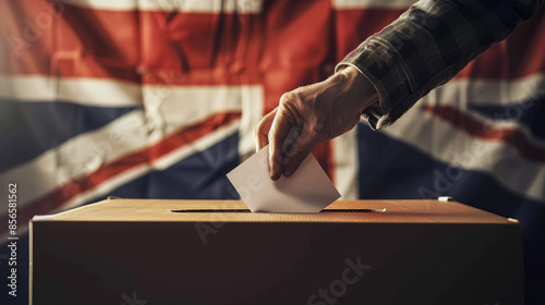 UK voter with ballot paper in hand and United Kingdom flag