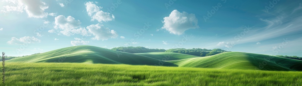 Fototapeta premium Green rolling hills under blue sky with clouds