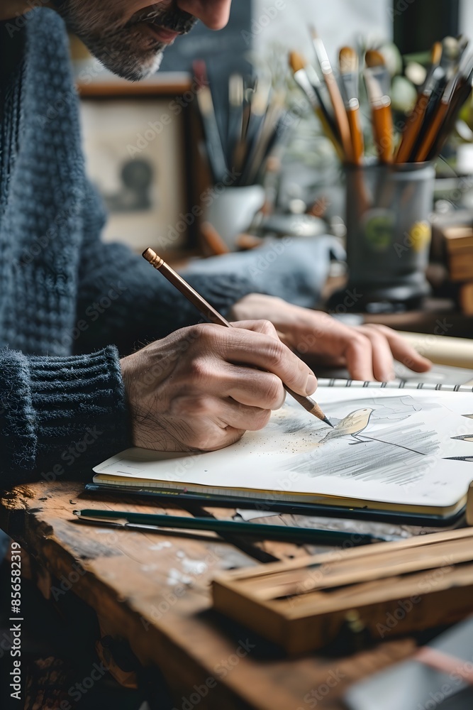 sketching ideas in a notebook on a wooden workspace desk sketching ideas in a notebook on a wooden workspace desk