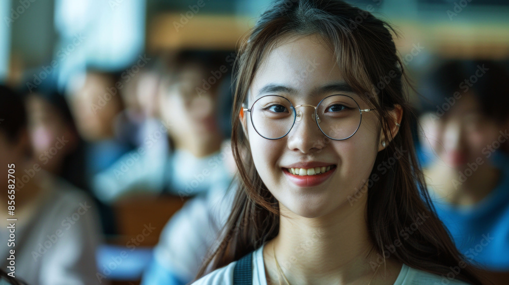 portrait cheerful female of student in the classroom to convey the spirit study portrait cheerful female of student in the classroom to convey the spirit study
