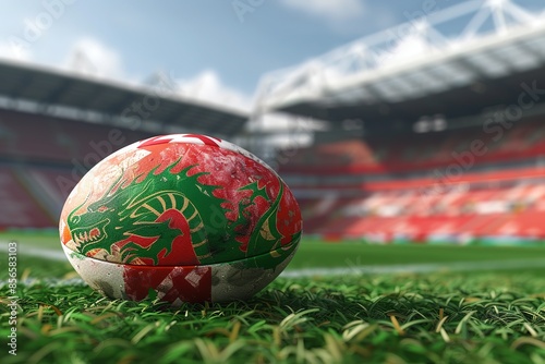 Wales flag on ball at corner kick position, soccer field background. National football theme on green grass. photo