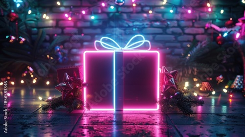 Neon winter holiday backdrop with gift box and lights © 2rogan