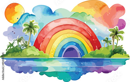 Watercolor rainbow vector illustrations with a colorful overlay isolated on white background