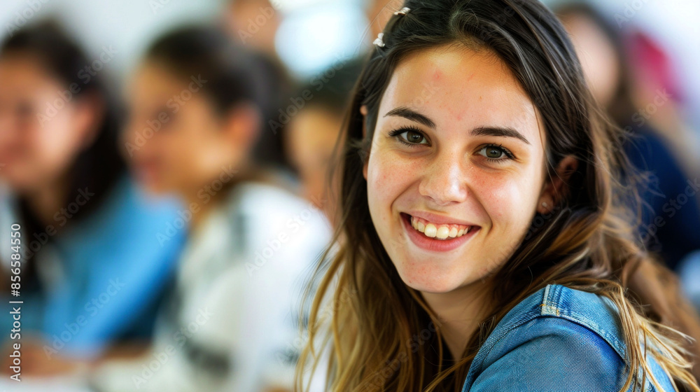 Obraz premium portrait cheerful female of student in the classroom to convey the spirit study