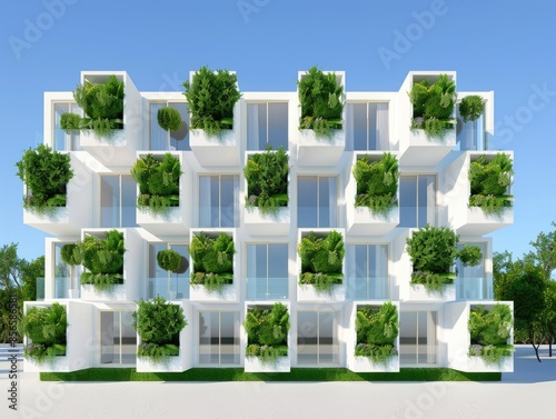 Modern Eco-Friendly Apartment Building with Lush Green Balconies photo