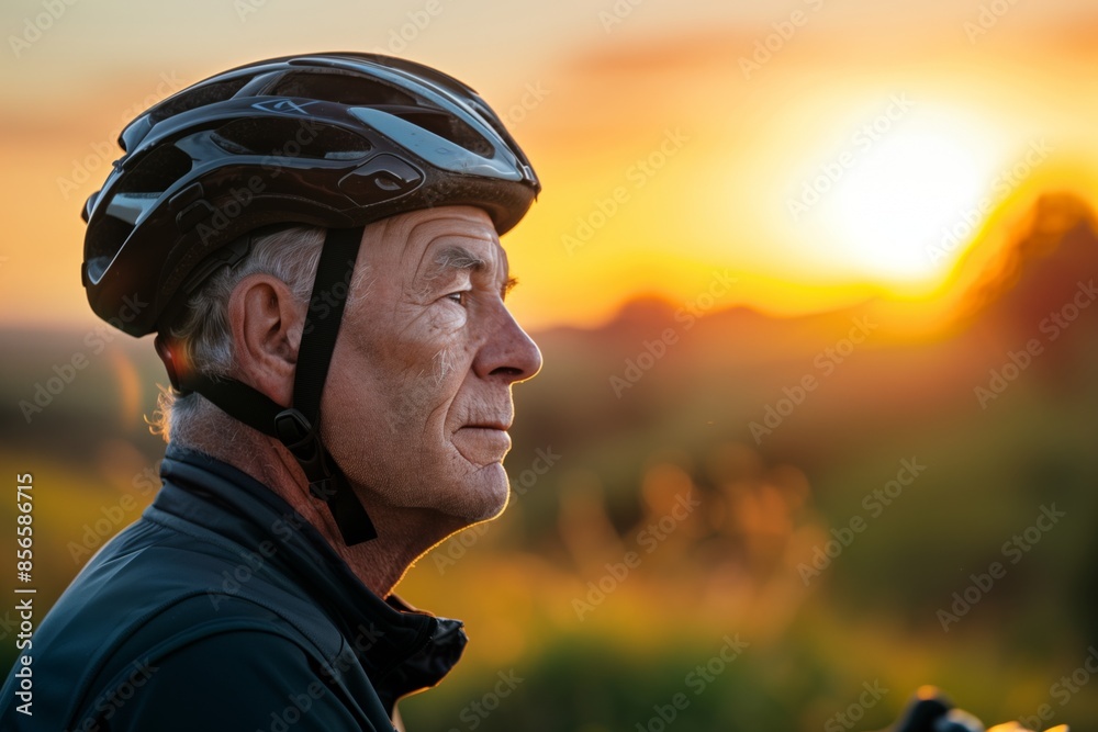 Senior Cyclist Enjoying Sunset Scenery on a Summer Evening Bike Ride Senior Cyclist Enjoying Sunset Scenery on a Summer Evening Bike Ride